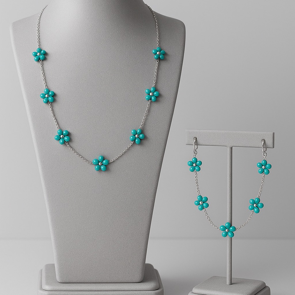 Stainless steelTurquoise Floral silver Necklace and bracelet Set